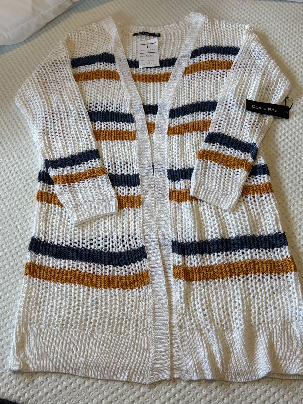 Doe & Rae White Open-Front Cardigan with Navy and Mustard Stripes